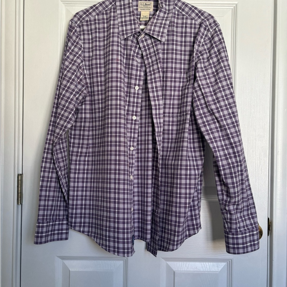LL Bean Plaid Button Down (Medium) Plum and White